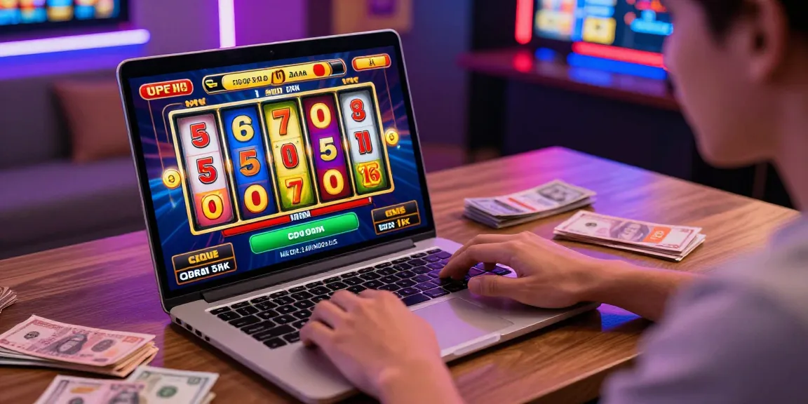 Exciting player engaging with slot deposit 5k game on laptop amidst cash and digital wallets, reflecting vibrant online casino atmosphere.