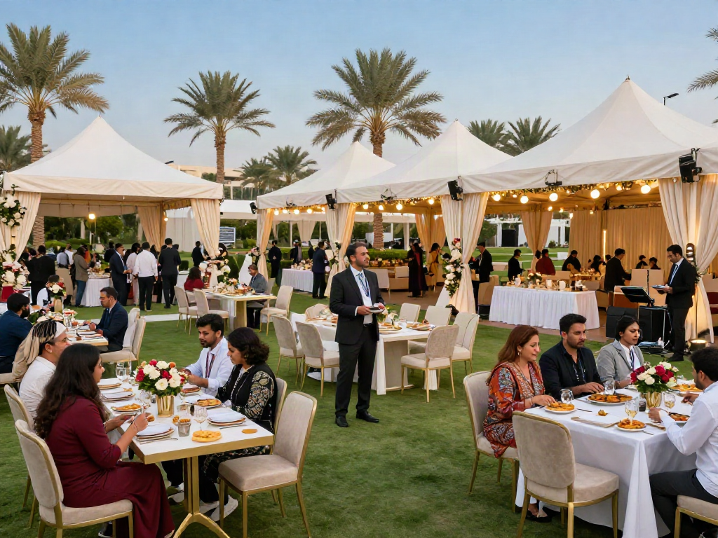 Event rental KSA setup with elegant tents, luxury furniture, and caterers preparing in a sunny Riyadh park.
