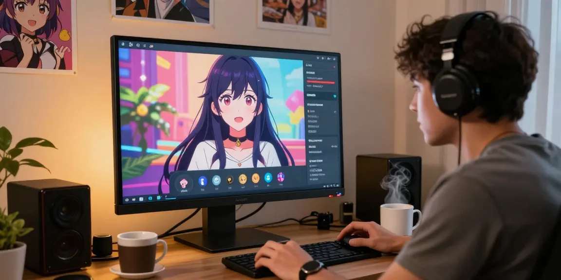 Immersive ai ecchi chat scene showcasing user engaged with animated AI character in a cozy home office.