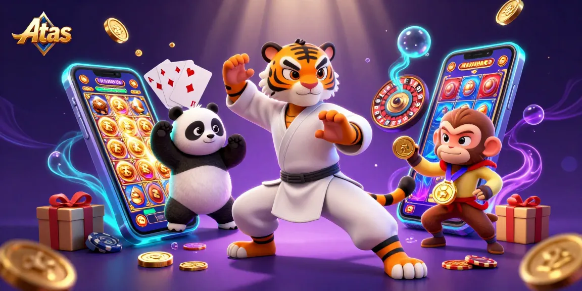 Engage with Atas Casino's vibrant 3D illustration featuring a kung fu tiger and playful monkey amidst dynamic casino elements.