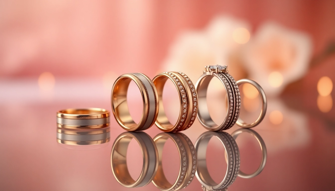 Showcasing exquisite mens wedding rings with varying styles and luxurious details.