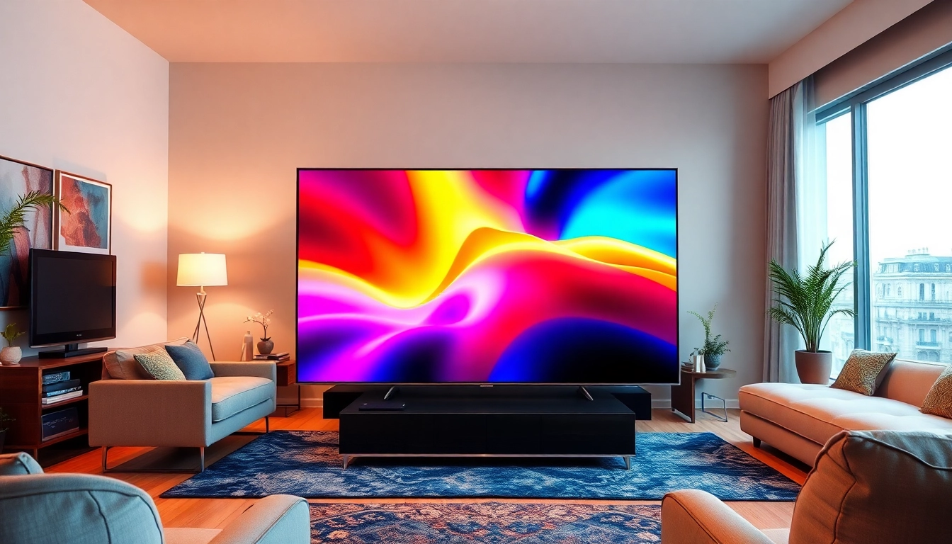 Przedstawiający telewizor 65 cali w nowoczesnym salonie z eleganckim wystrojem.