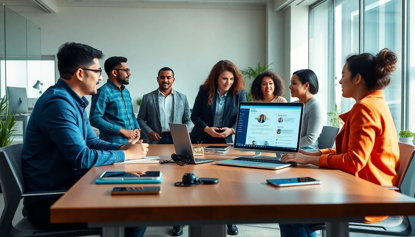 Engaging team collaborating with enterprise assistant platform in a bright office.