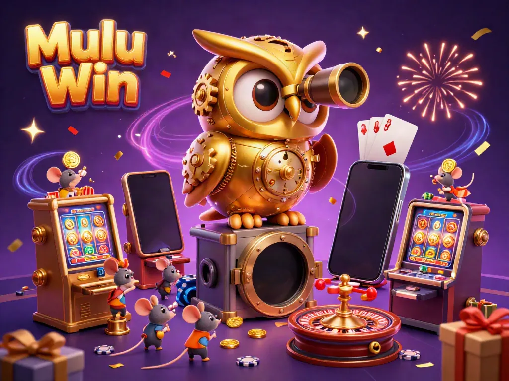 Mulu Win offers an exciting view of a golden owl and mice patrons enjoying vibrant casino games and rewards.