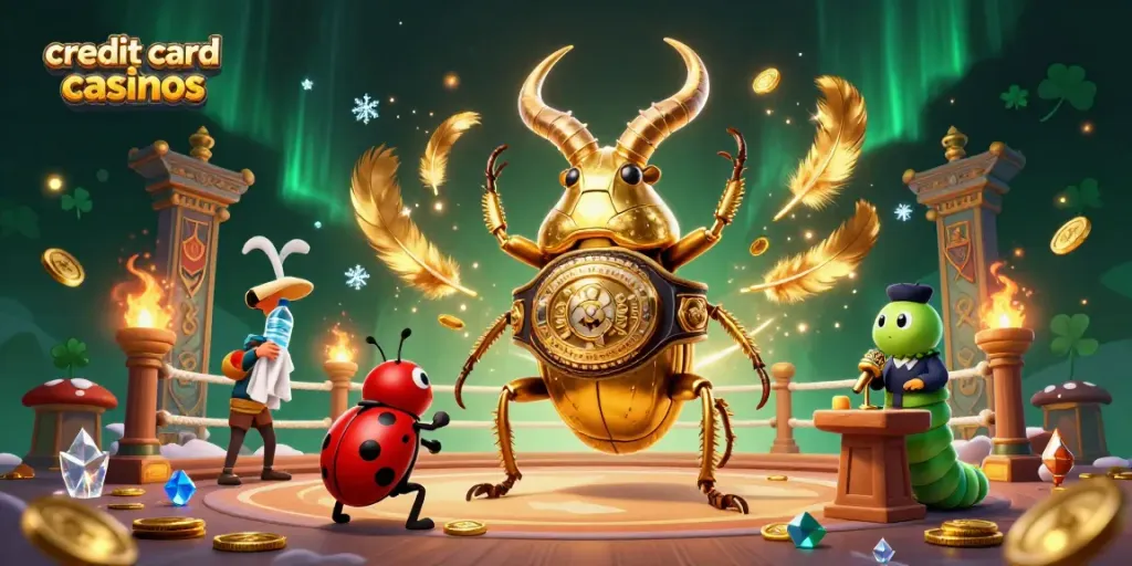 Dynamic illustration showcasing credit card casinos with a golden stag beetle boxing champion in an energetic casino scene.