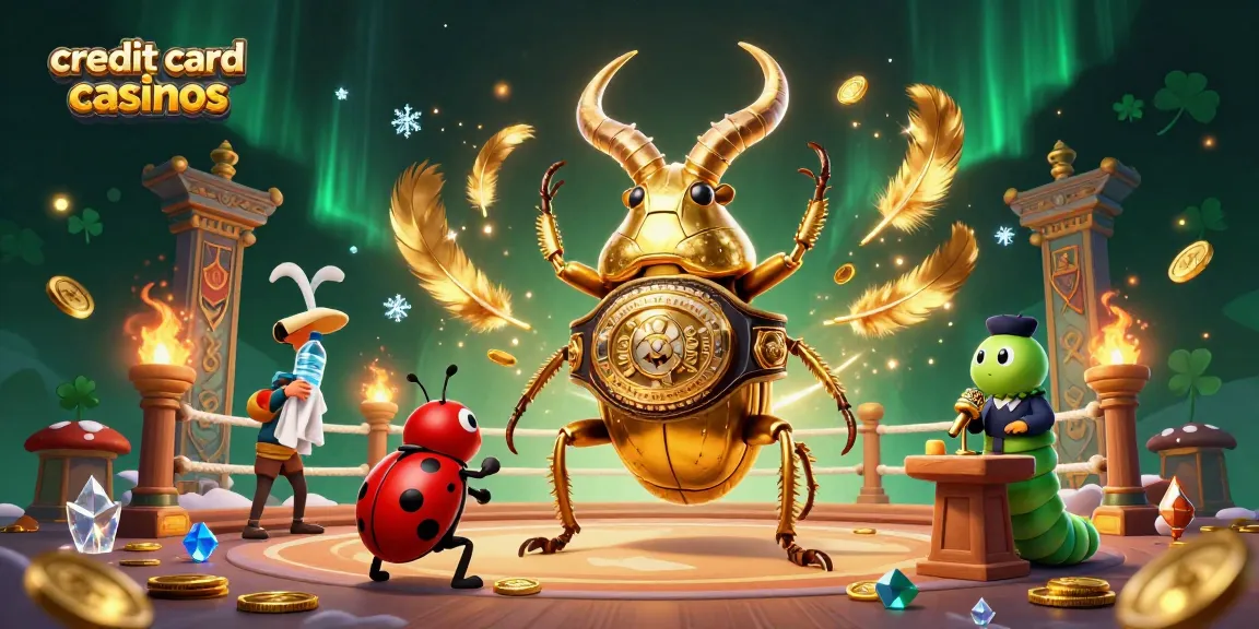 Dynamic illustration showcasing credit card casinos with a golden stag beetle boxing champion in an energetic casino scene.
