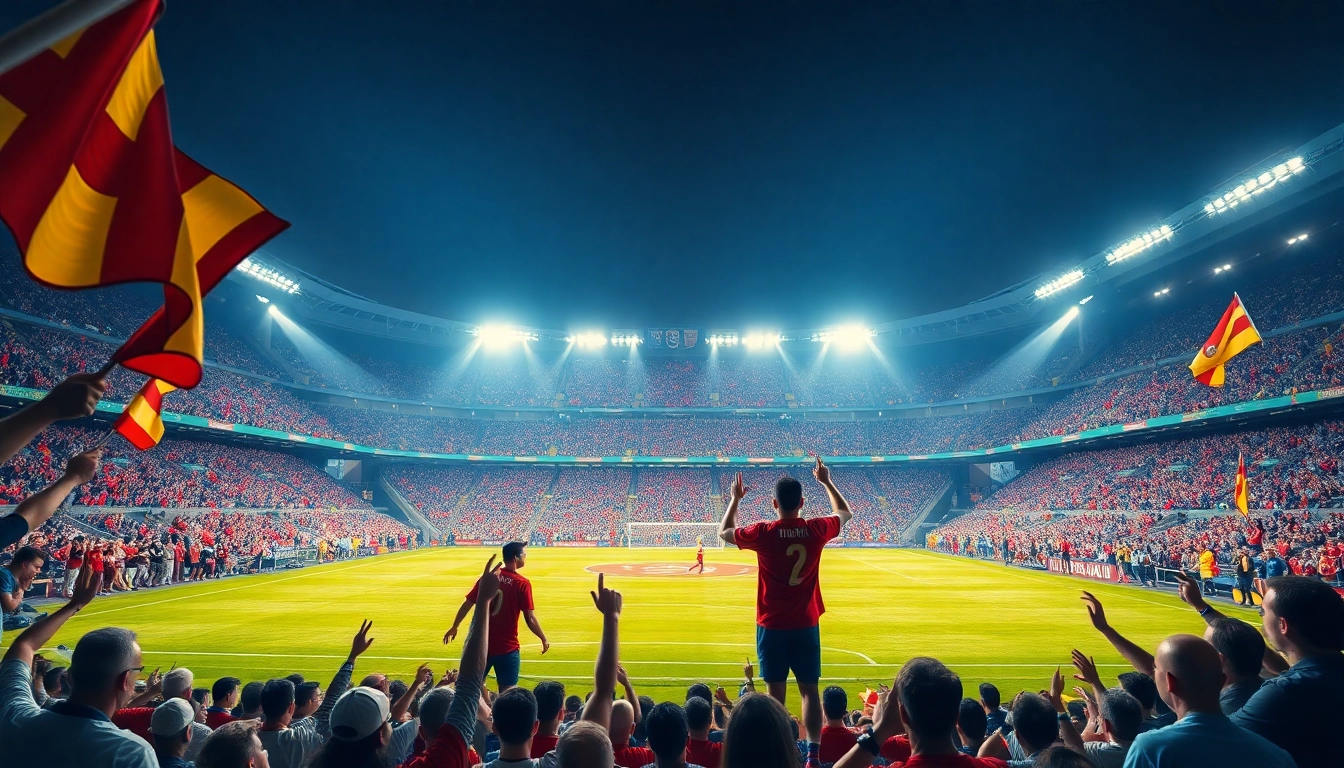 축구중계의 현장감을 전달하는 열정 넘치는 팬들이 모인 경기장 모습