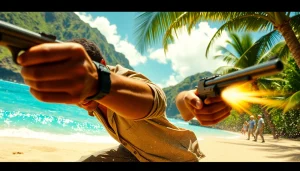 Leroy Silver dodging bullets in the dramatic setting of Aloha and Bullets' Hawaiian adventure.