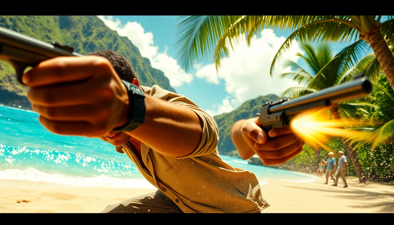 Leroy Silver dodging bullets in the dramatic setting of Aloha and Bullets' Hawaiian adventure.