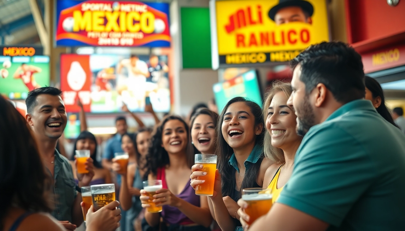 People enjoying sports betting in Mexico, celebrating wins in a lively atmosphere.