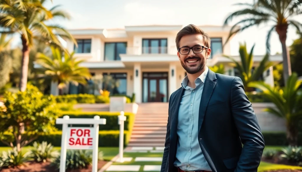 Real Estate agent showcasing a stunning home, engaging with potential buyers in a vibrant setting.