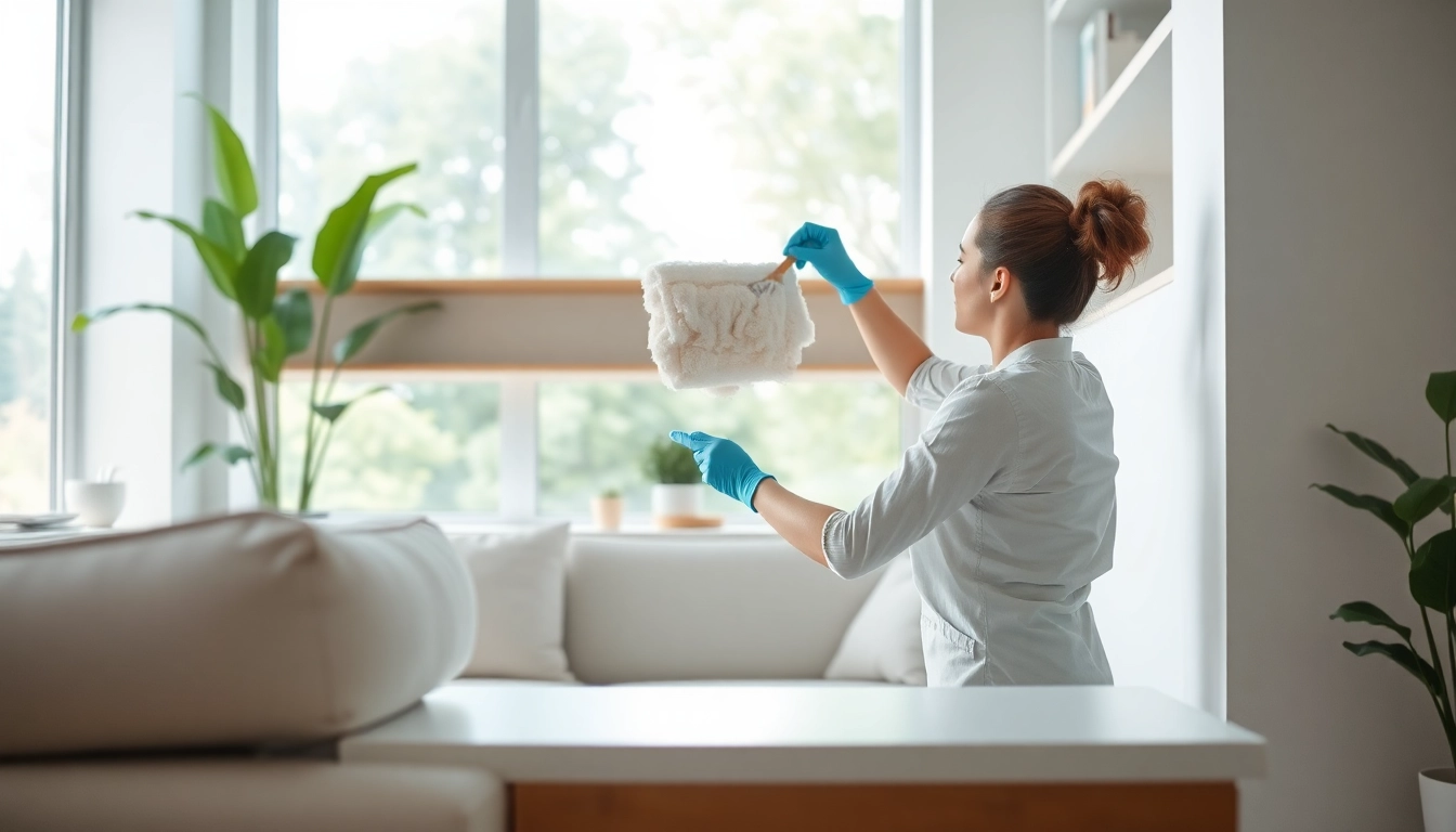 Enhance your home with a dedicated cleaning service in action, showcasing professionalism and attention to detail in a bright living room.