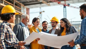 Engaged team of Manhattan General Contractor reviewing plans at a lively construction site.