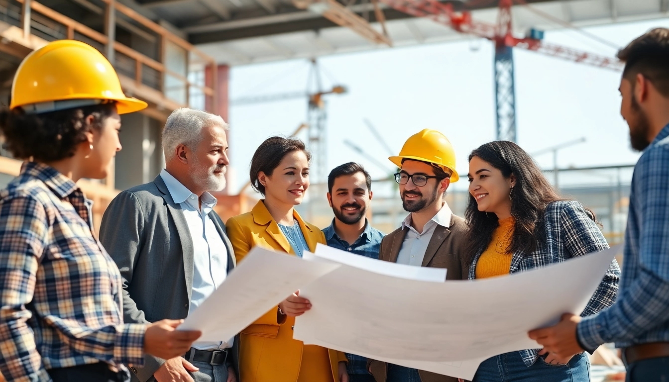 Engaged team of Manhattan General Contractor reviewing plans at a lively construction site.