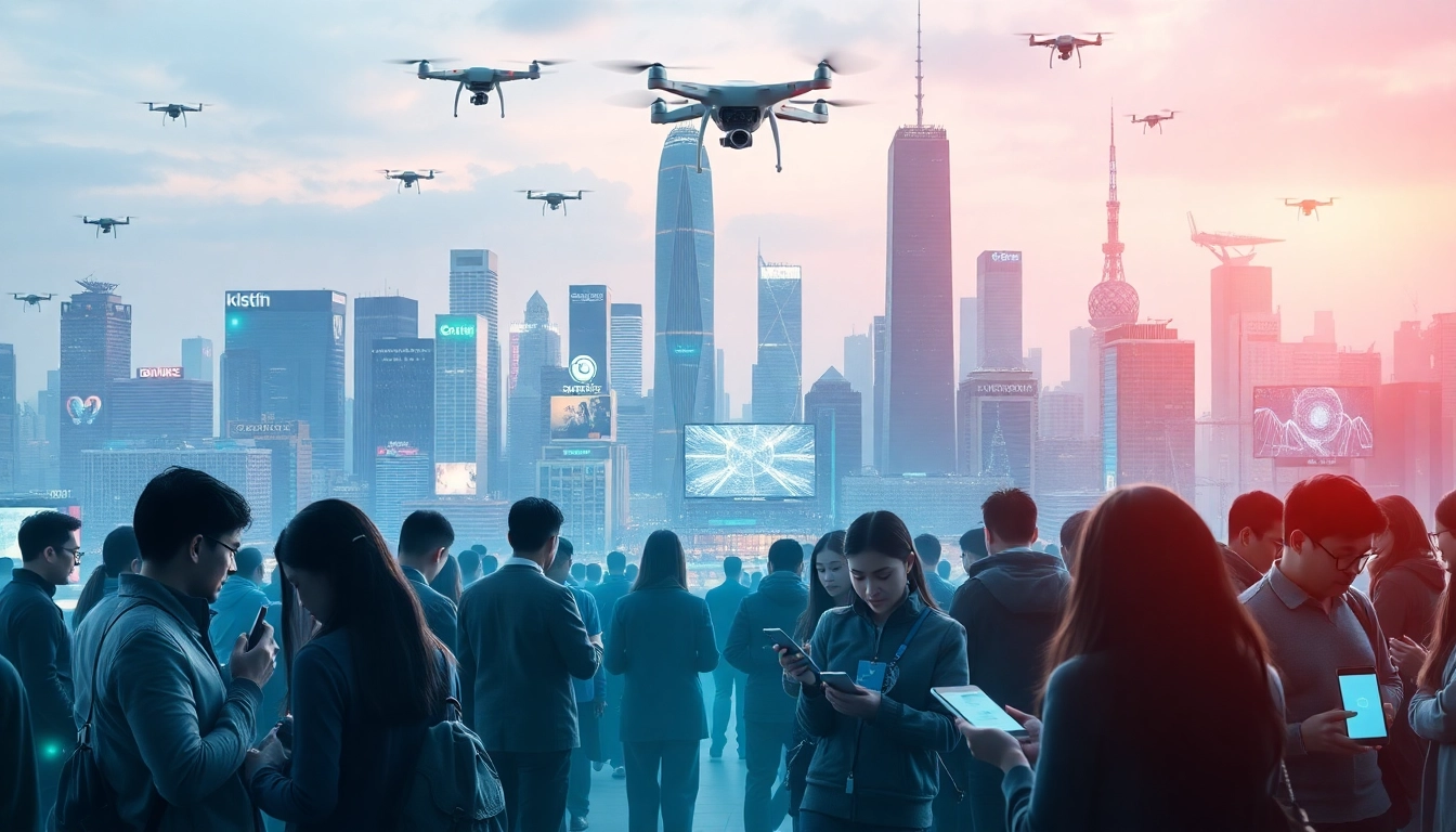 Engaged individuals interact with technology in a lively city showcasing innovation.