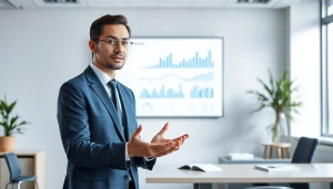 카드깡 설명하는 전문가가 현대 사무실에서 시각적 자료를 제공하는 장면
