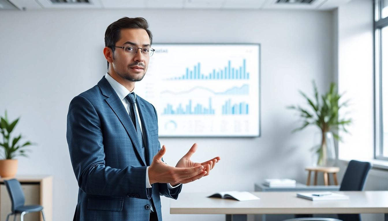 카드깡 설명하는 전문가가 현대 사무실에서 시각적 자료를 제공하는 장면