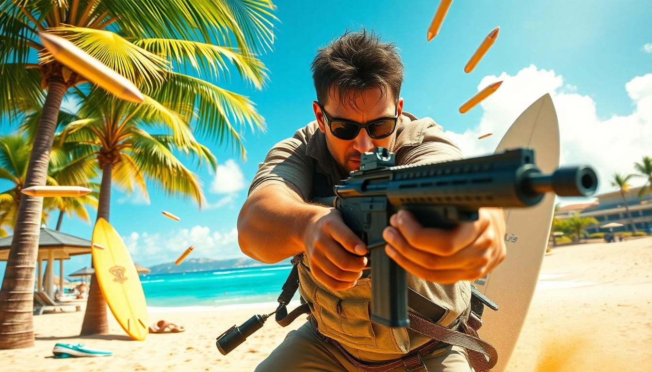 Action-packed scene of Aloha and Bullets with Leroy Silver in Hawaii, dodging bullets in a tropical resort.