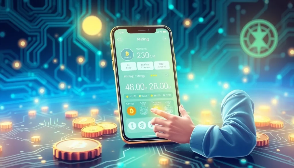 Dynamic crypto mining app interface with user statistics and currency symbols.