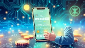 Dynamic crypto mining app interface with user statistics and currency symbols.