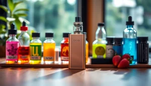 Oxva Vape Gerät stilvoll auf Tisch mit bunten Liquids präsentiert.