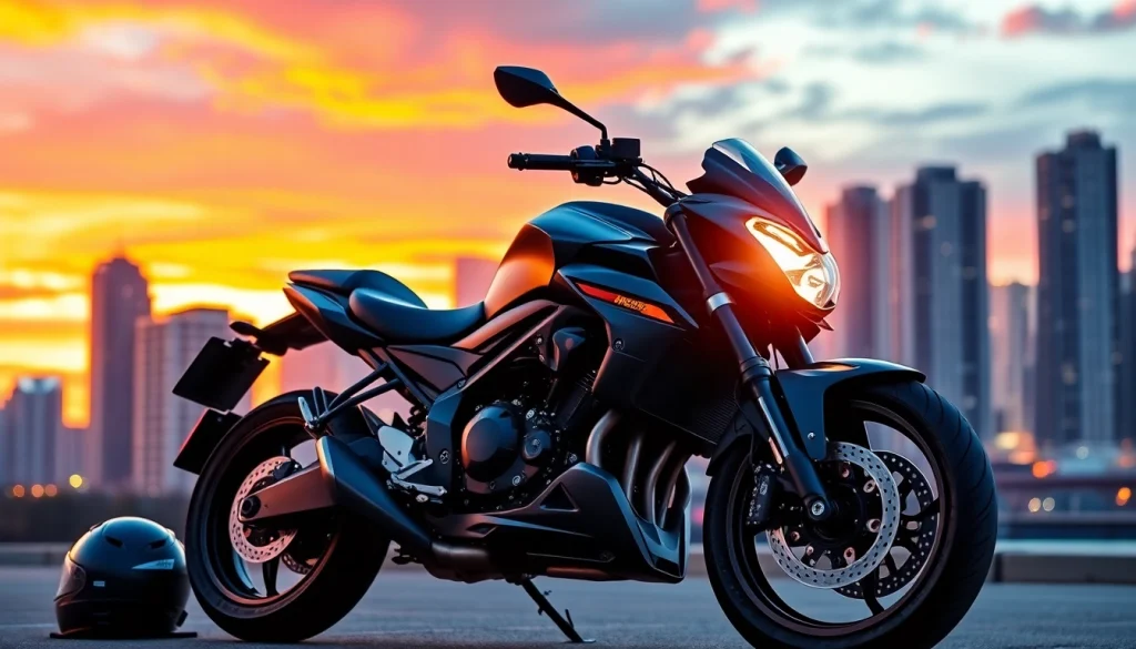 Motorrad leasing mit Fahrrädern vor Stadt skyline, dynamisch und ansprechend.