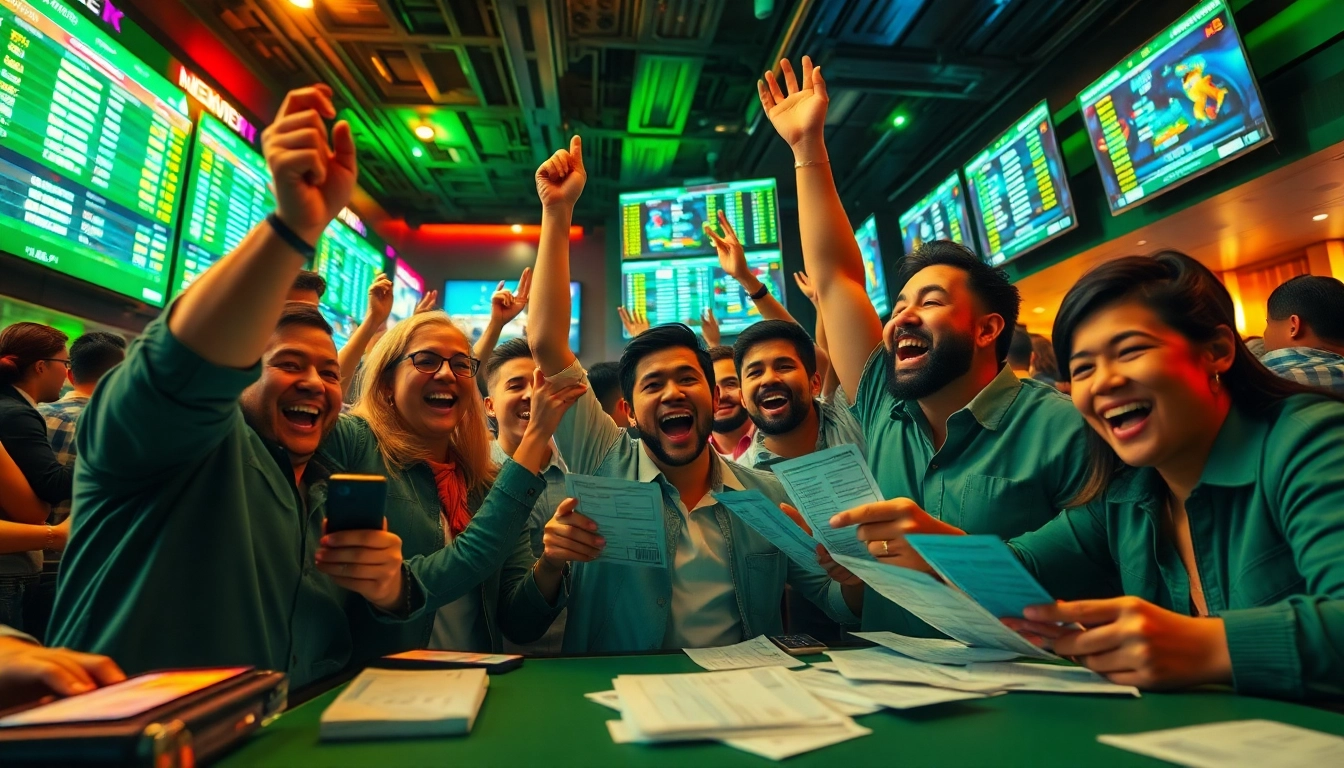 Engaging scene showcasing sports betting sites India with enthusiastic bettors enjoying a lively atmosphere.