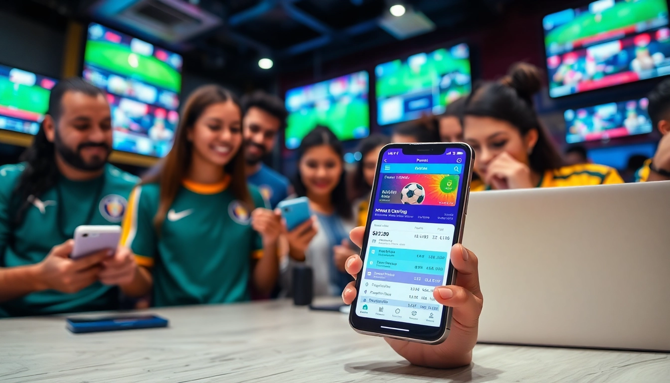 Engaged bettors analyzing best sports betting sites in Brazil in a vibrant sports bar setting.