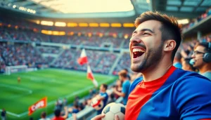 Cheerful fan showcasing discount football shirts at a lively stadium during a match.