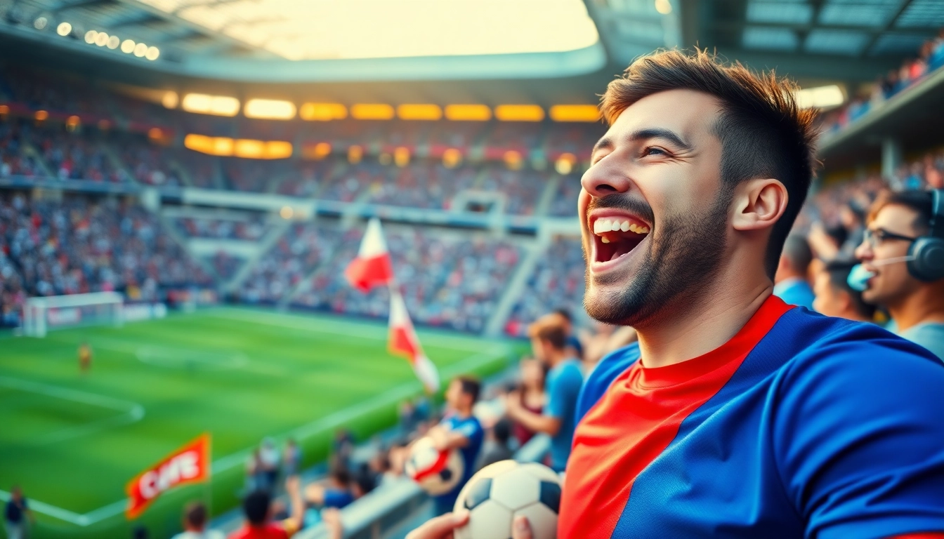 Cheerful fan showcasing discount football shirts at a lively stadium during a match.
