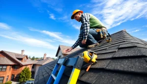 Expert assessing reliable roofing services on a residential property with vibrant accents.