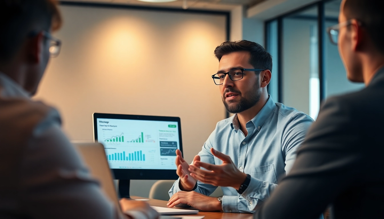 Illustration of a digital marketing expert presenting WhatsApp Business CRM solutions in a modern office setting.