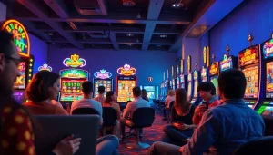 Kode4d slot gaming environment with vibrant slot machines and players engaging on devices, emphasizing entertainment and security.
