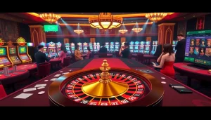 Exciting gaming atmosphere featuring poker tables and roulette wheel at https://shbet.law/ casino.