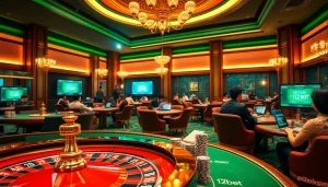 Experience the excitement of online gambling with the phrase ink vao 12bet in a luxurious casino environment showcasing roulette and poker.