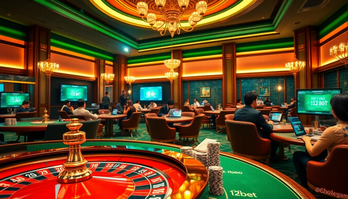 Experience the excitement of online gambling with the phrase ink vao 12bet in a luxurious casino environment showcasing roulette and poker.