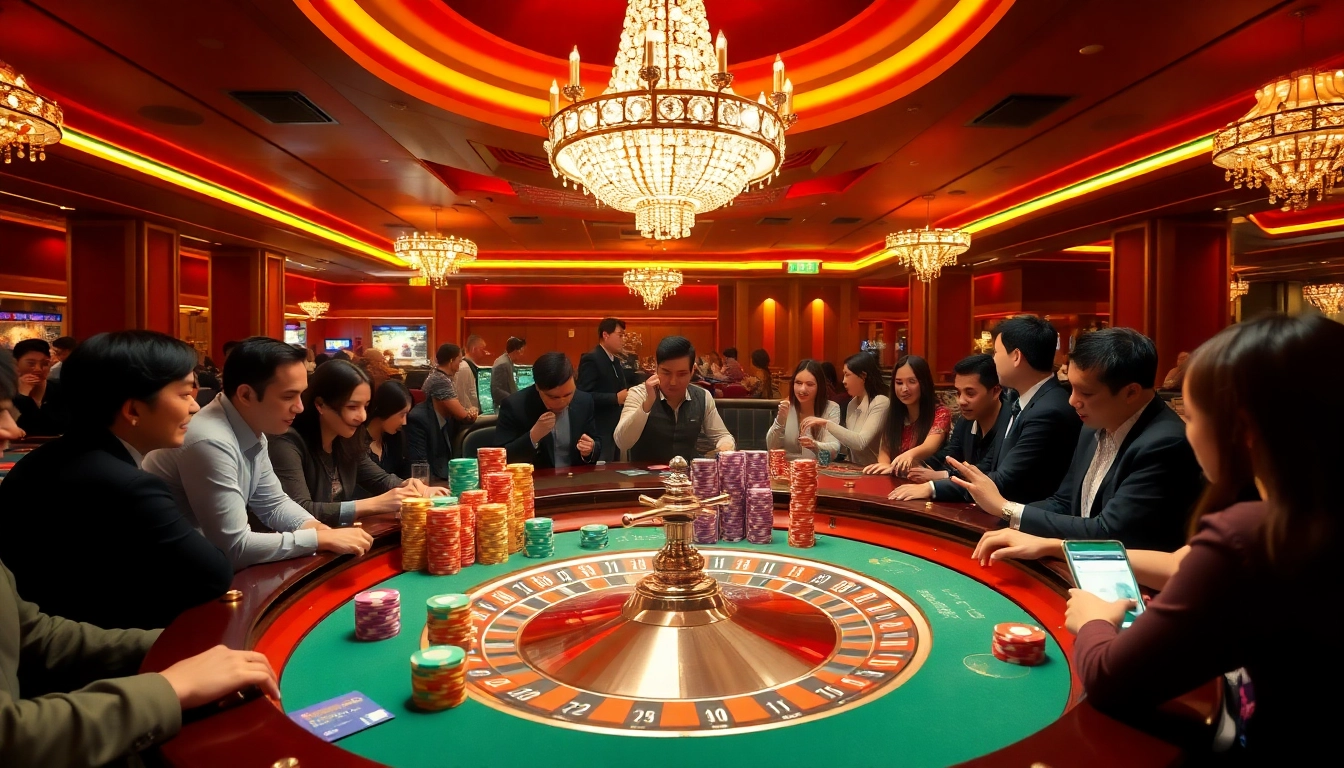 Players enjoying a classic roulette game while using 상품권신용카드 for purchases, surrounded by vibrant casino decor.