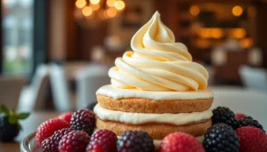 Maak mousseline crème met verse bessen op een elegant gelaagd taart.