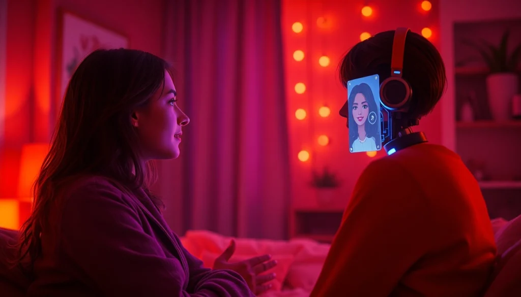 Engaging interaction with a sex chat AI in a cozy setting, showcasing warmth and connection.