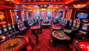 Casino scene showcasing players at tables and slot machines, reflecting 8kbetcom excitement.