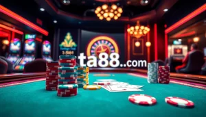 Betting excitement at ta88. com with vibrant chips, elegant cards, and a luxurious casino atmosphere.