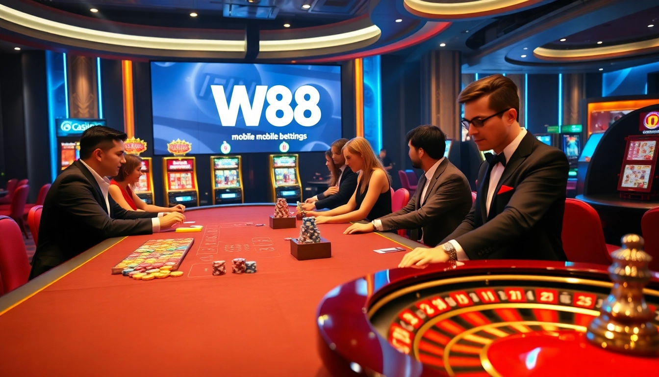 Engaging casino table scene highlighting the W88 link, with players and dealers in action.