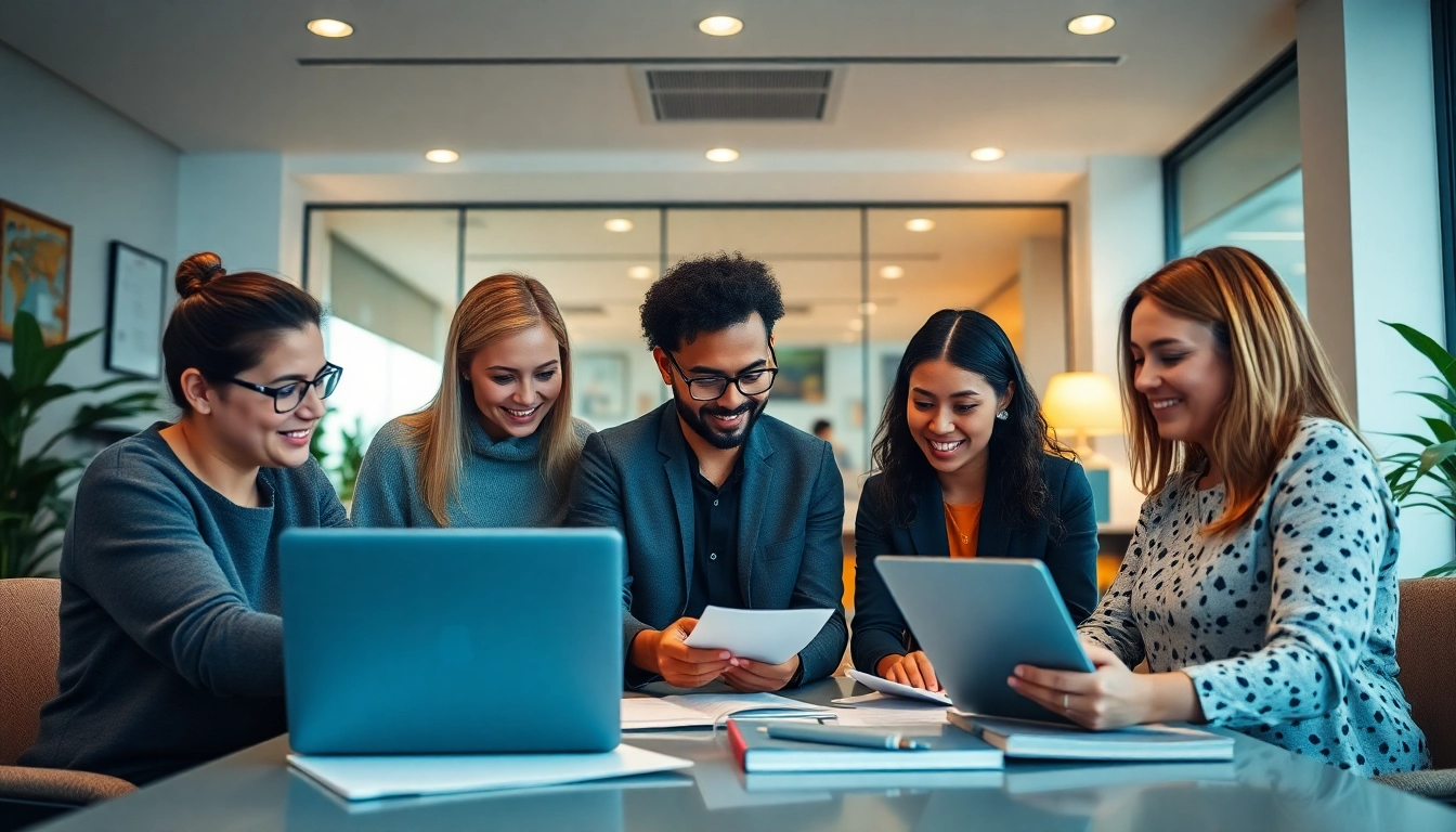 Une scène collaborative d'une équipe diversifiée dans une agence de traduction, mettant en valeur des traducteurs professionnels travaillant ensemble.