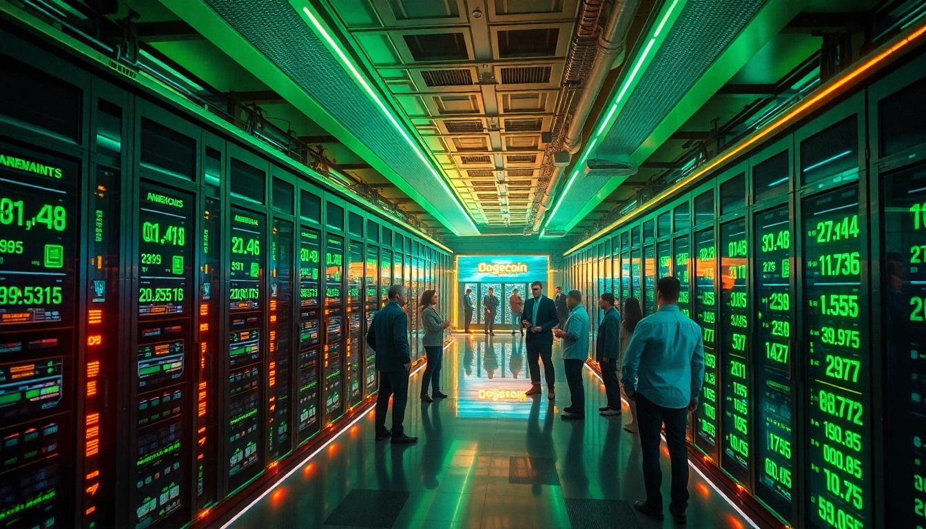 Dynamic scene of dogecoin cloud mining facility highlighting AI technology and teamwork.