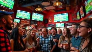 Engaged fans enjoying sports betting sites Alabama in a lively bar setting.