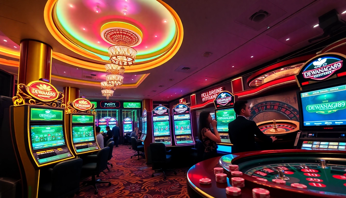 Rasakan sensasi DEWANAGA89 di kasino glamor dengan mesin slot yang berwarna-warni dan para pemain.