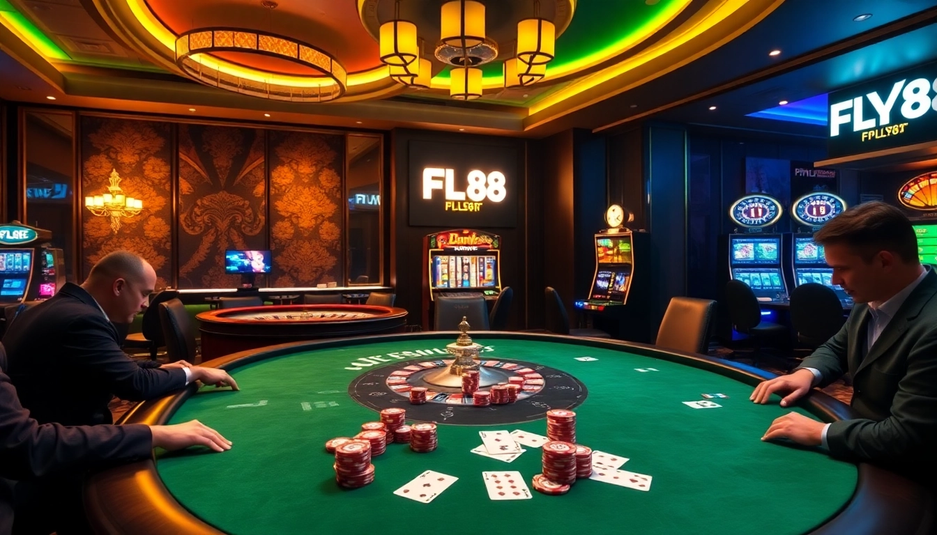 FLY88 poker players engaged in an intense game with luxury casino decor and vibrant stakes.