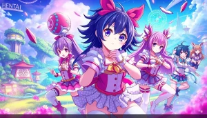 Hentai game characters in vibrant anime scenery showcasing excitement and adventure.