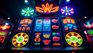 Menampilkan slot depo 1k yang menarik dengan simbol keberuntungan dan grafik berwarna cerah di mesin slot.