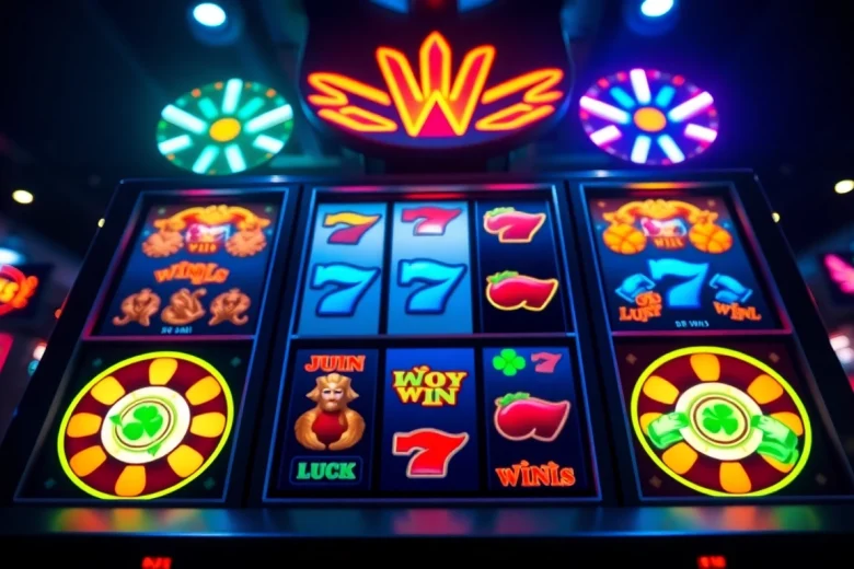 Menampilkan slot depo 1k yang menarik dengan simbol keberuntungan dan grafik berwarna cerah di mesin slot.